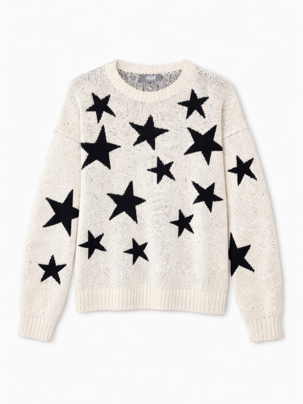 Marled Knit Pullover Crewneck Sweater with Bold Stars, Size XL